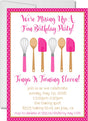 cooking party birthday invitations pink kitchen utensil design