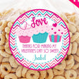 cupcake valentine sticker with pink and teal cupcakes