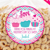 cupcake valentine sticker with pink and teal cupcakes