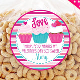 cupcake valentine sticker with striped pink and teal background