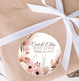 custom boho wedding sticker with pampas grass and names
