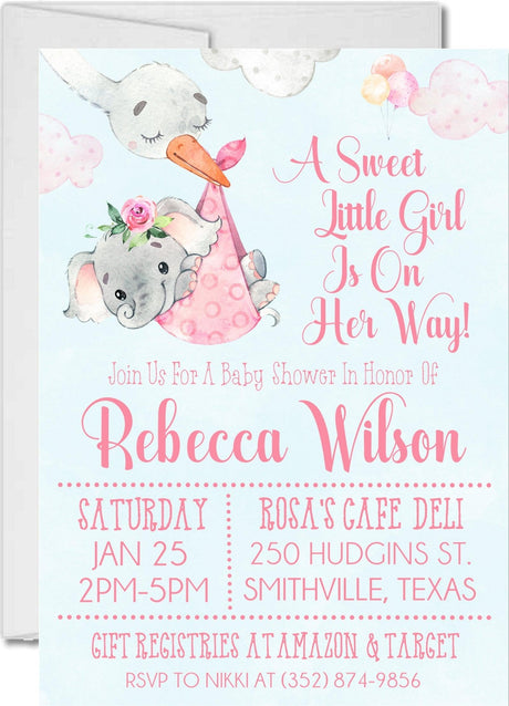cute elephant invitation cards soft pastel pink style for girls