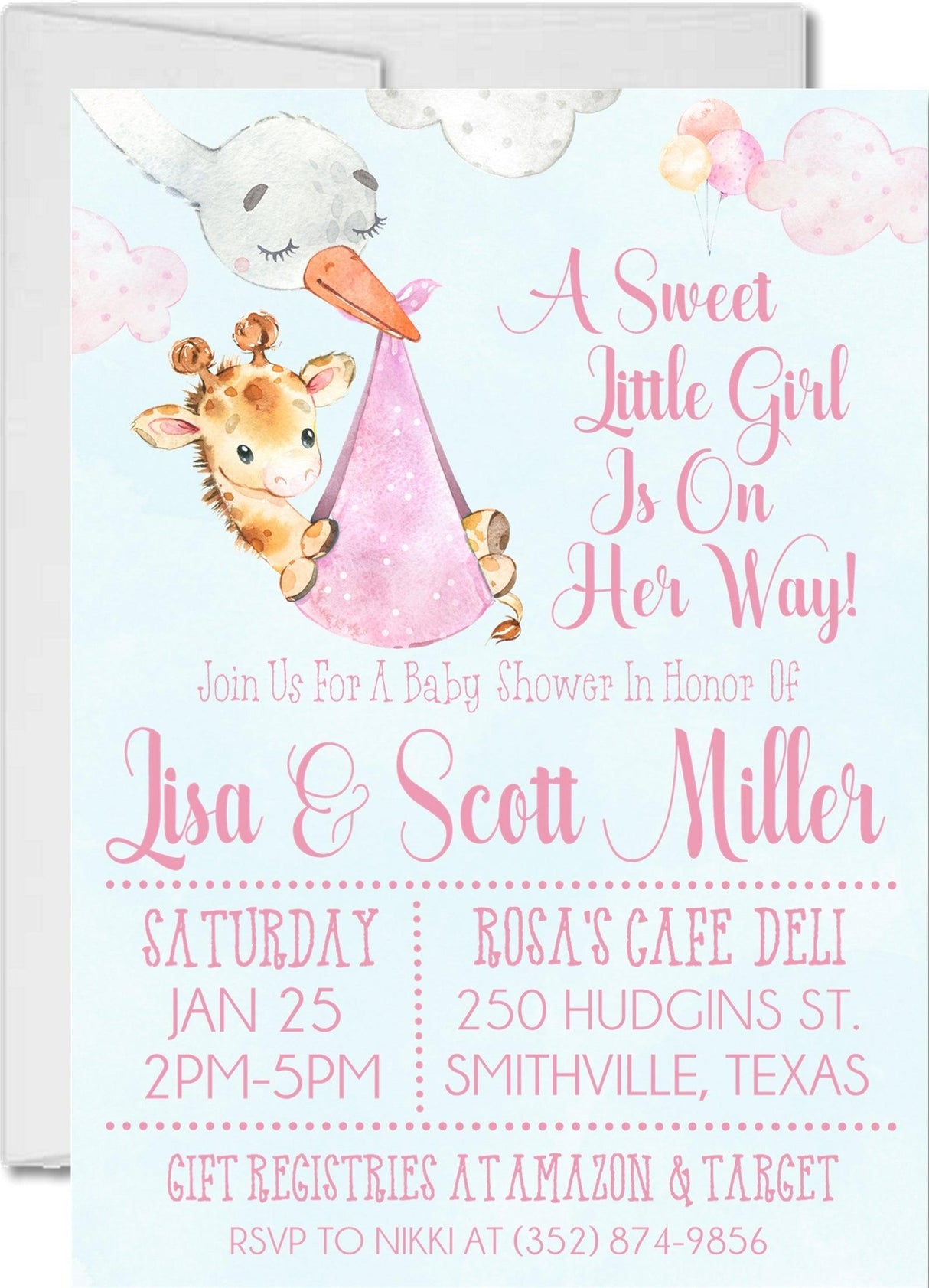 cute girls pink giraffe invitation cards whimsical jungle style