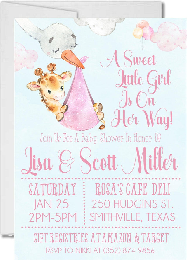 cute girls pink giraffe invitation cards whimsical jungle style