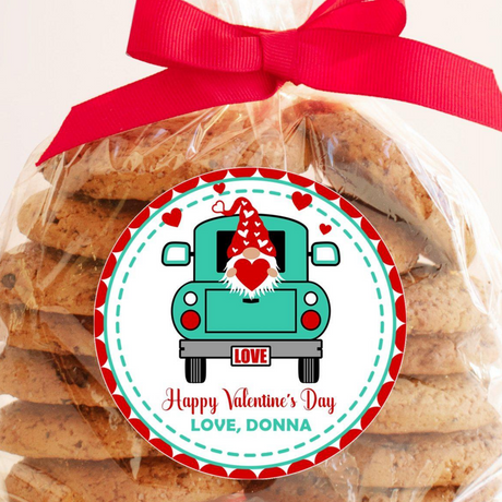cute gnome valentine sticker with teal truck and red hearts