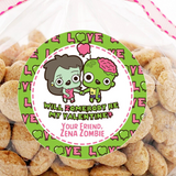 cute green zombie valentine sticker with pink hearts