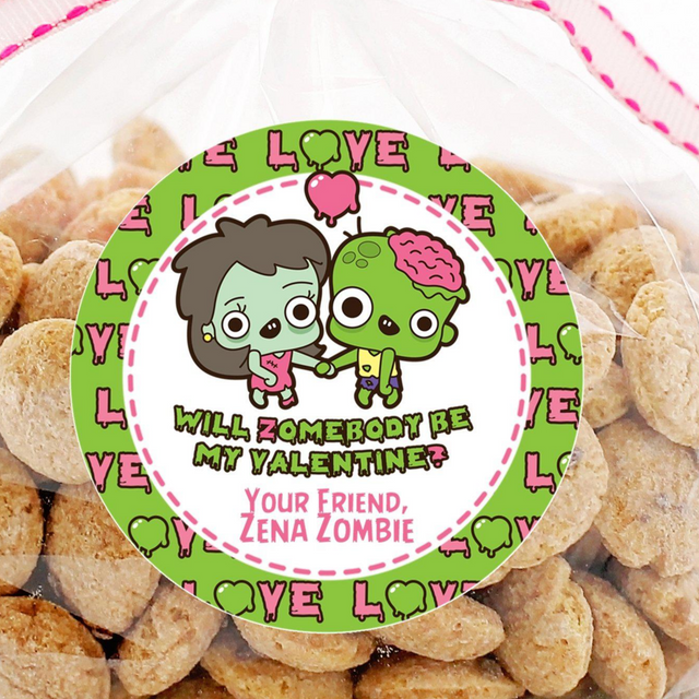 cute green zombie valentine sticker with pink hearts