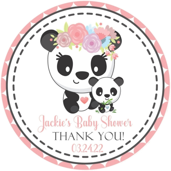 cute panda baby shower sticker with pink floral crown and circular thank you wording