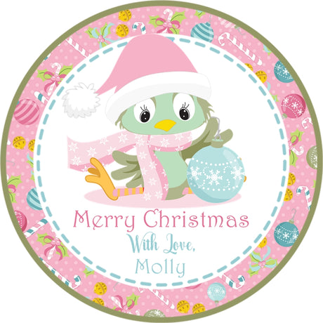 cute pink penguin holiday treat bag sticker