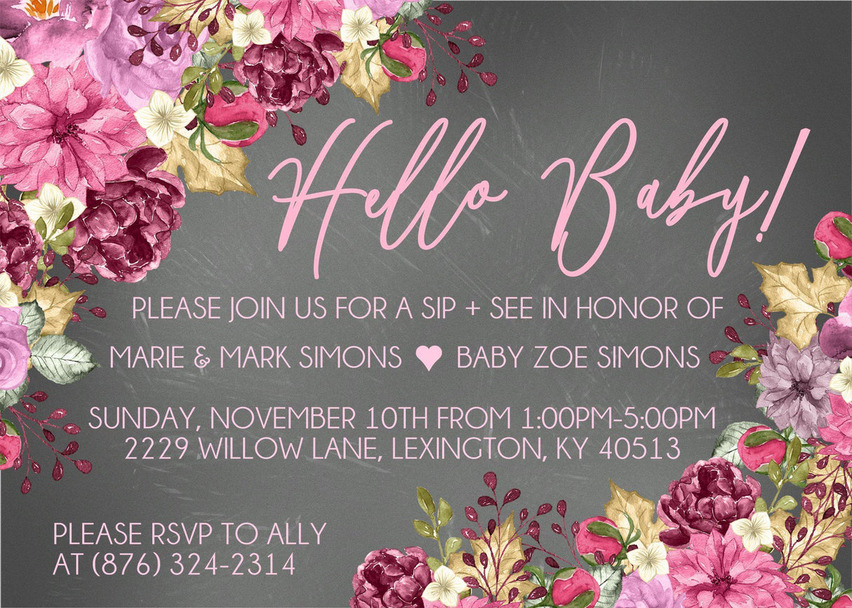 dark floral sip and see invitations burgundy blush flower design