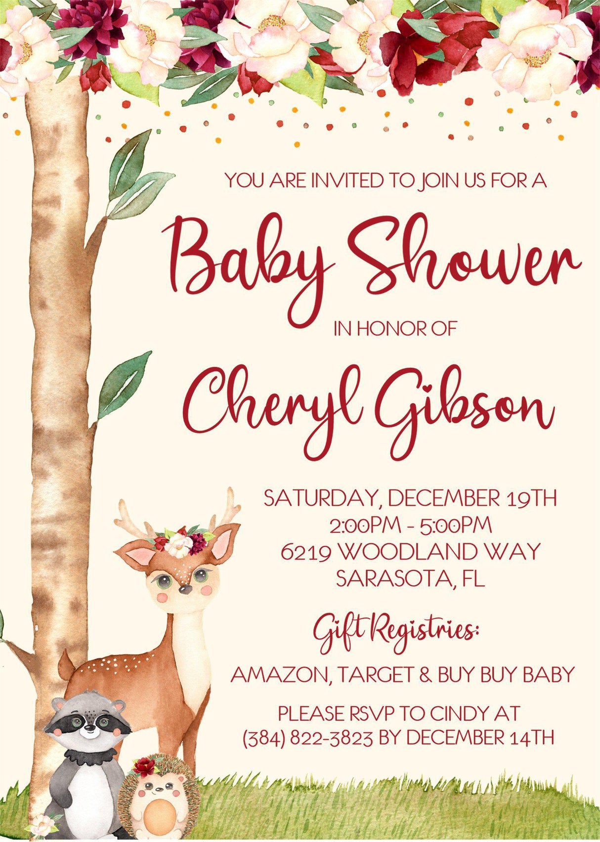 deer raccoon invitation cards boho floral woodland style