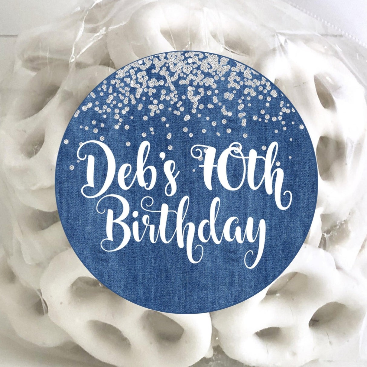 denim and diamonds birthday sticker with glitter top