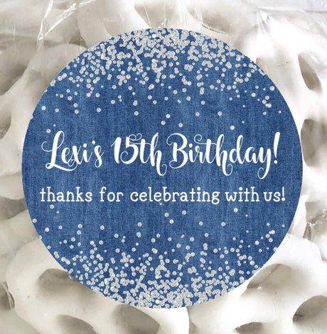 denim and diamonds birthday sticker with glitter top and bottom