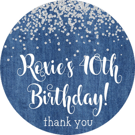 denim and diamonds favor sticker with crystal detail and textured background
