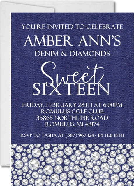 denim and diamonds sweet 16 invitations blue rhinestone design