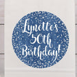 denim birthday sticker with silver glitter confetti