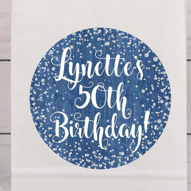 denim birthday sticker with silver glitter confetti