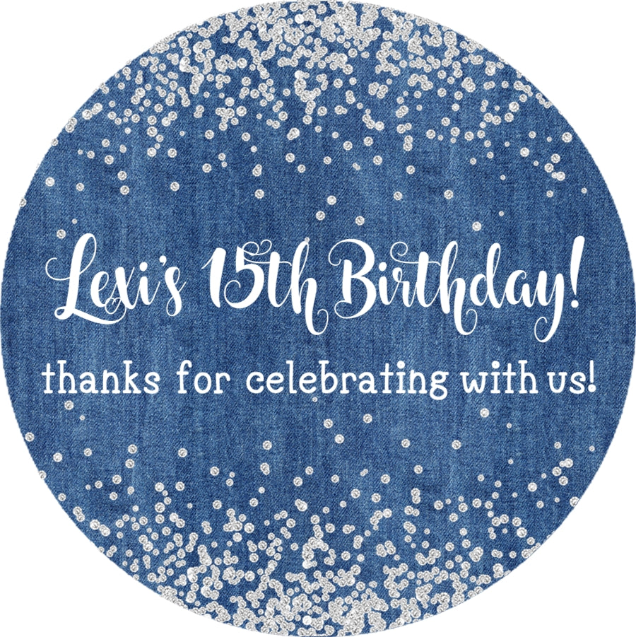 denim birthday sticker with sparkling diamond accents and script text