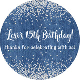 denim birthday sticker with sparkling diamond accents and script text