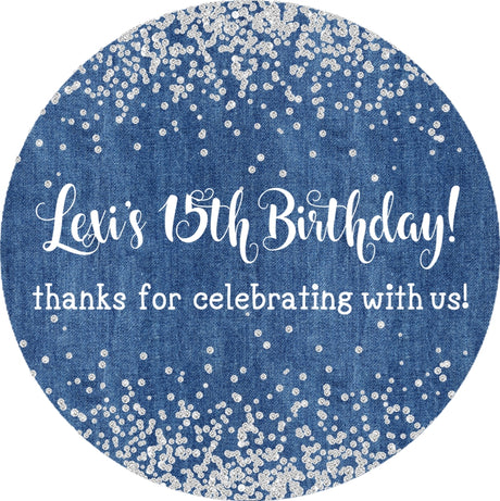 denim birthday sticker with sparkling diamond accents and script text