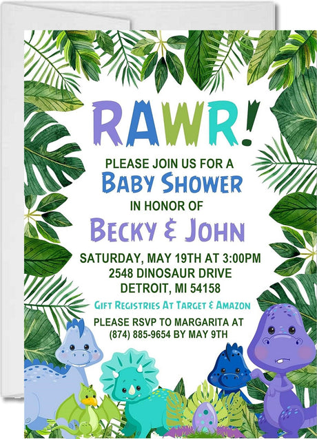 dinosaur baby shower invitations tropical jungle design