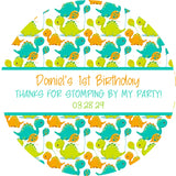 dinosaur baby shower sticker with baby dinos balloons and palm trees