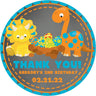 dinosaur birthday sticker with eggs and cartoon dinos in nest