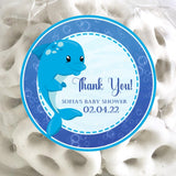 dolphin baby shower sticker with navy text and blue border