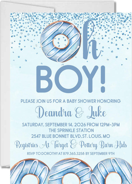 donut baby shower invitations pastel blue sprinkle design