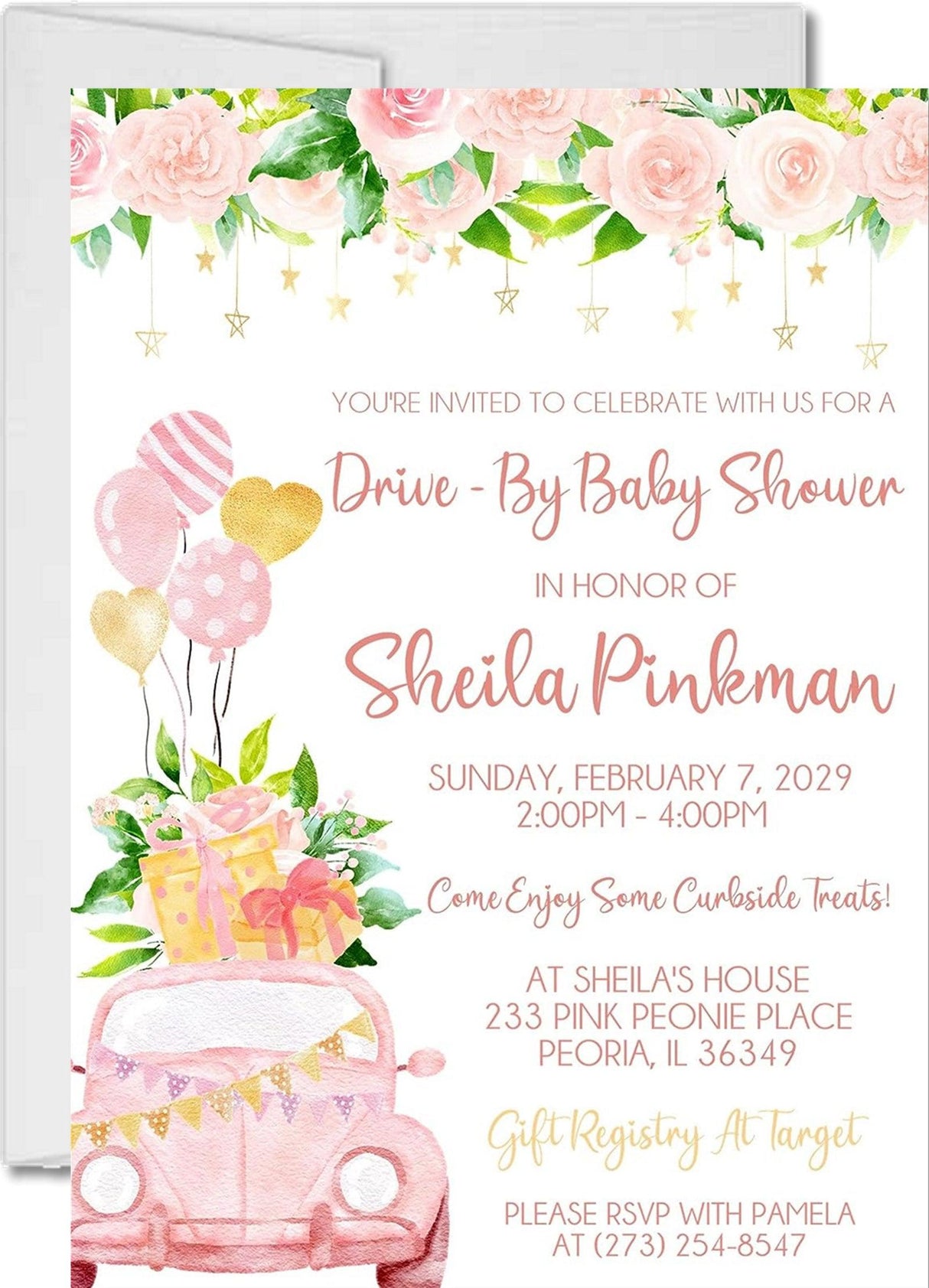 drive by baby shower invitations pink rose floral garden design