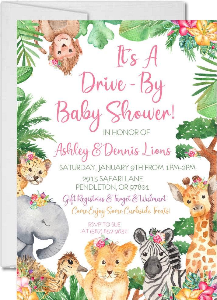 drive by safari invitation cards for baby girls