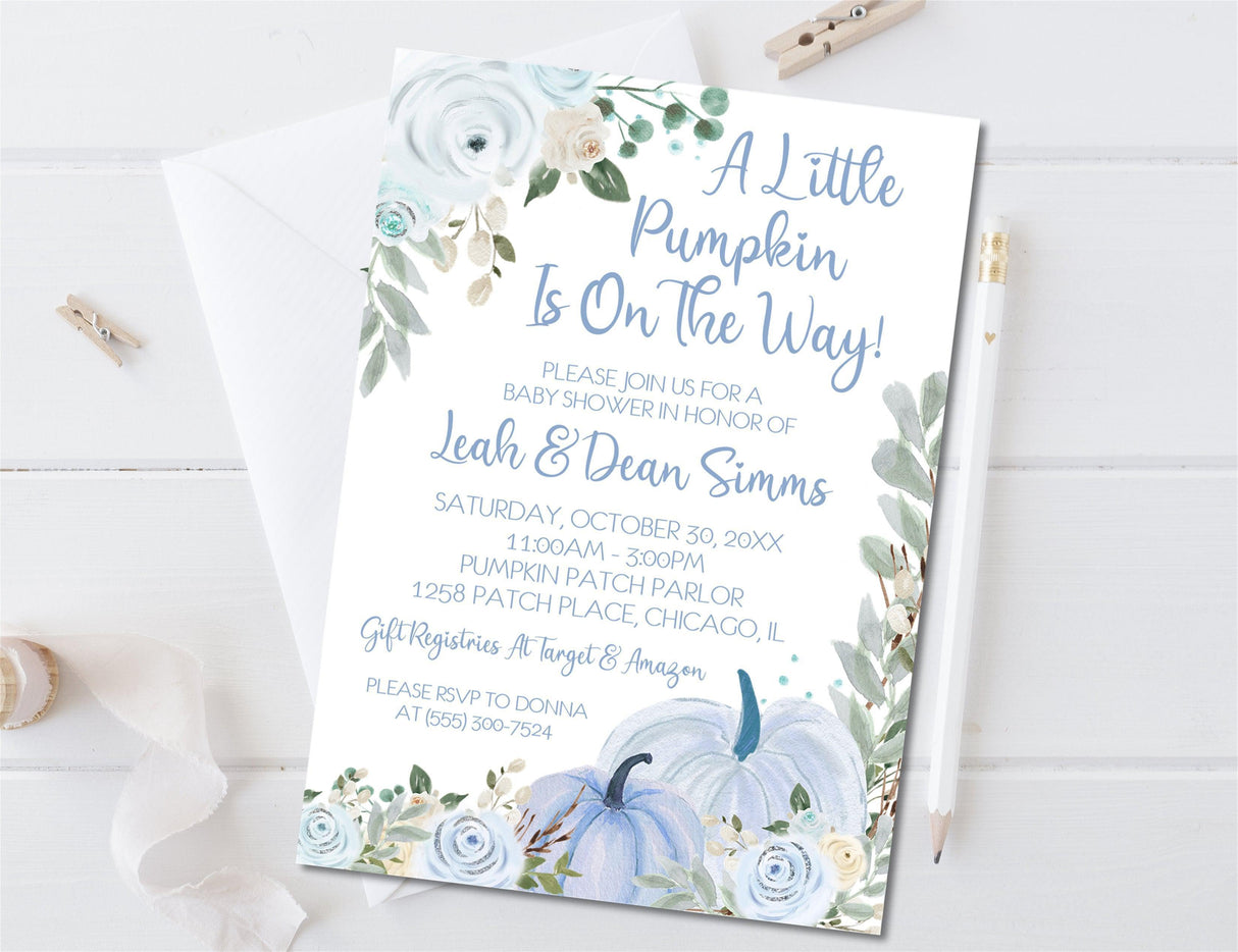 dusty blue blush pink pumpkin baby shower invitations harvest theme