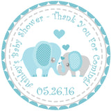 elephant baby shower favor sticker with two elephants and soft blue theme