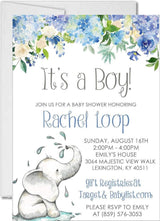 elephant baby shower invitations blue floral design