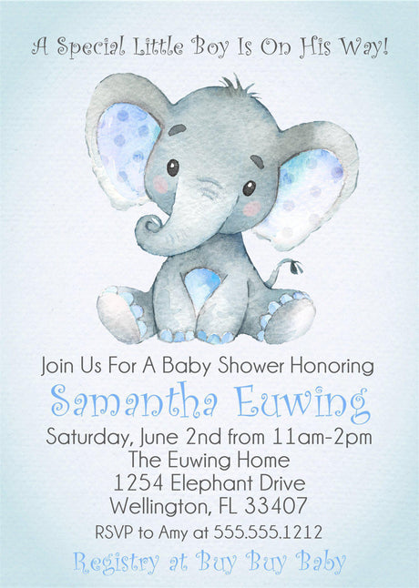 elephant baby shower invitations pastel blue watercolor design