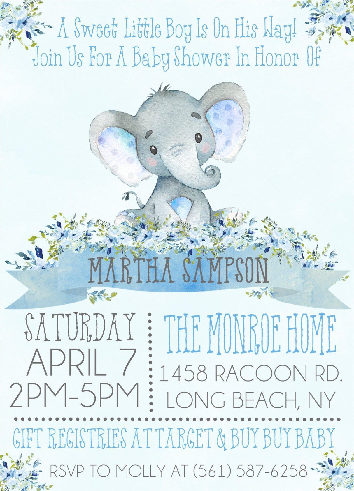 elephant baby shower invitations pastel blue watercolor floral design