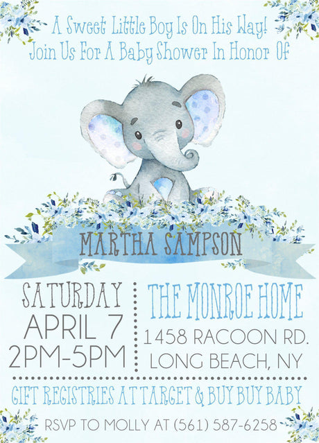 elephant baby shower invitations pastel blue watercolor floral design