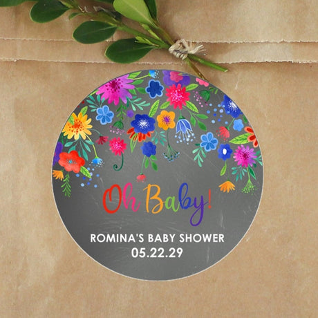 fiesta baby shower stickers with rainbow florals on chalkboard background