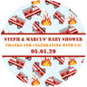 firefighter baby shower sticker with fire truck pattern and flames hydrants and rescue icons