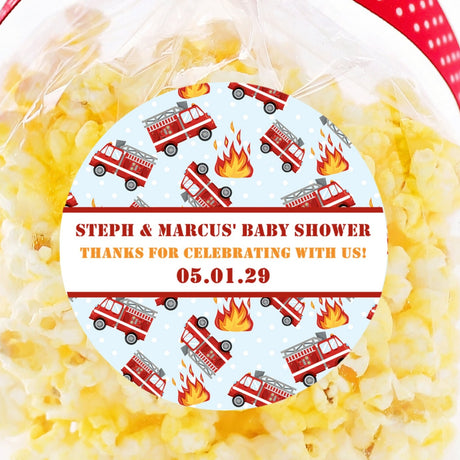 firefighter baby shower stickers with red firetrucks and flames