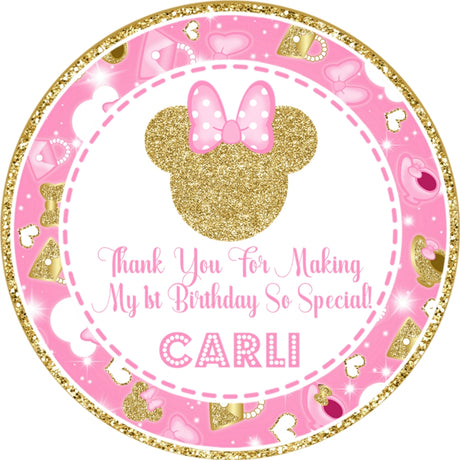 first birthday sticker with pink bow mouse theme design