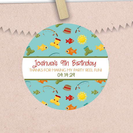 fishing themed birthday sticker with colorful pattern