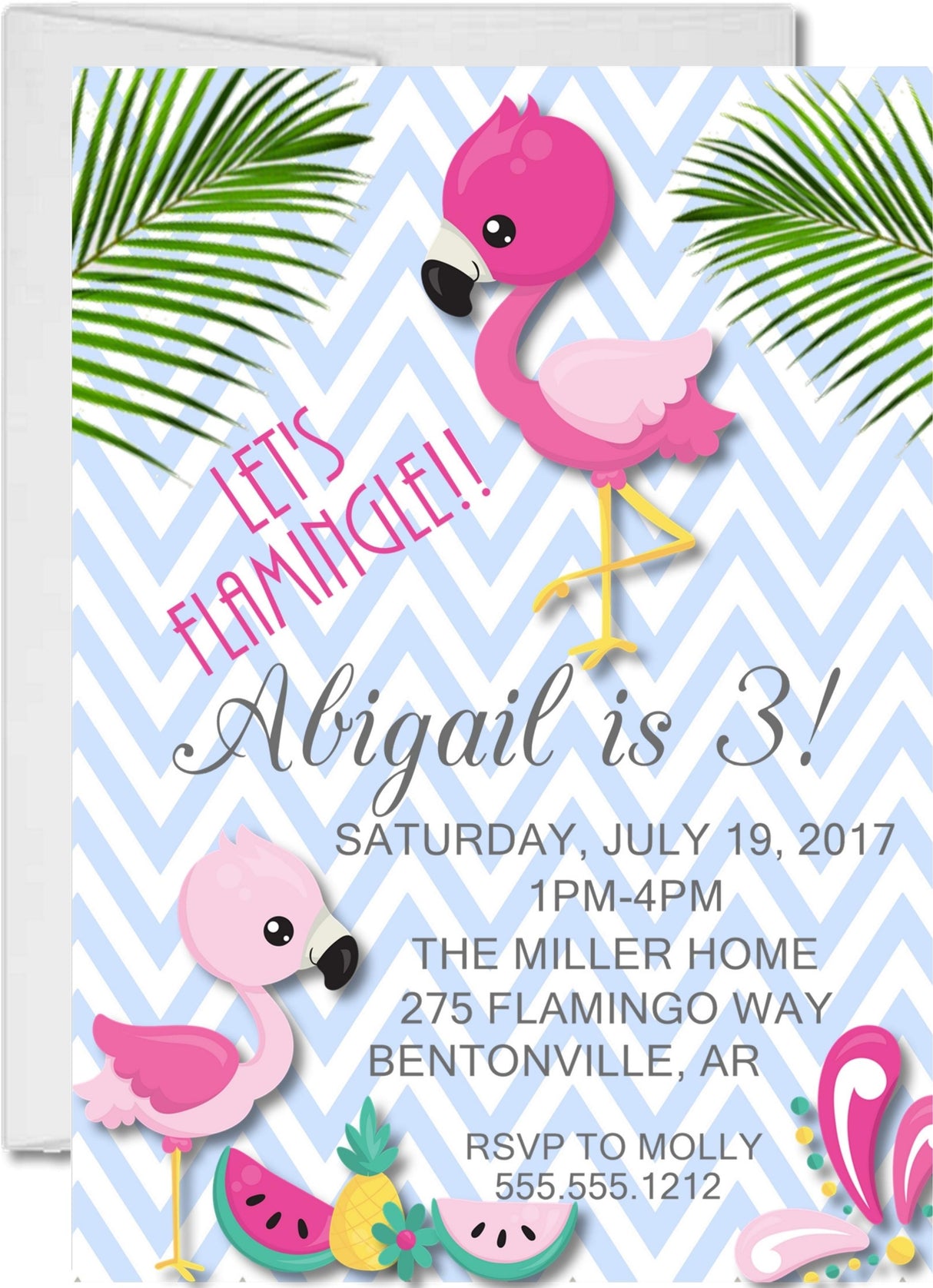 flamingo birthday party invitations tropical palm leaf design