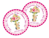 floral cross baptism favor label in pink tones