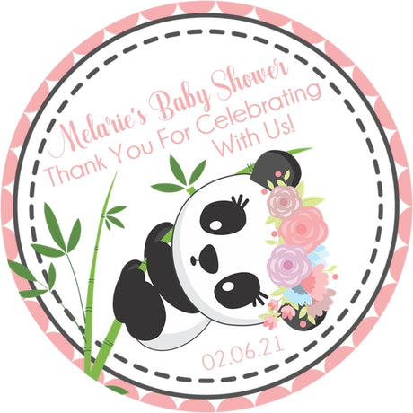 floral panda baby shower sticker with black white panda and soft pink decorative border