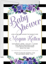 floral stripe baby shower invitations purple rose design