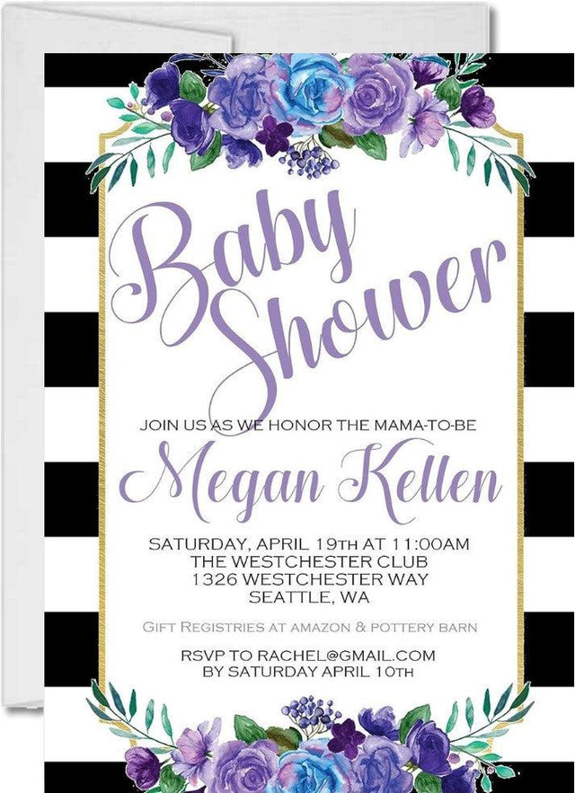 floral stripe baby shower invitations purple rose design