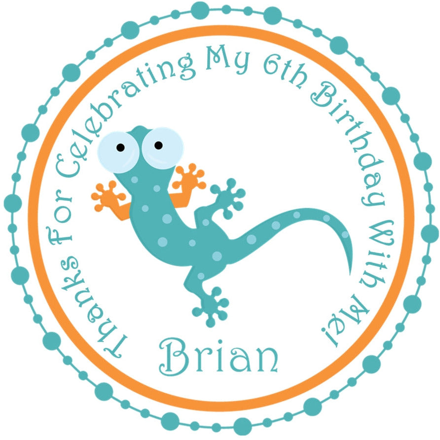gecko party sticker with playful reptile character and bright colors