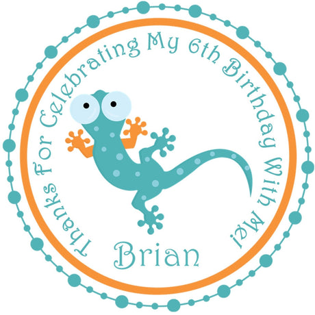 gecko party sticker with playful reptile character and bright colors