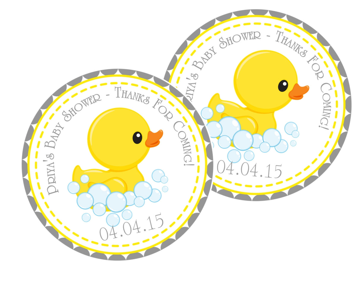 gender neutral baby shower favor label with duck and bubbles